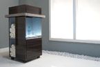 a fish tank sitting on top of a white tiled floor next to a window in a room