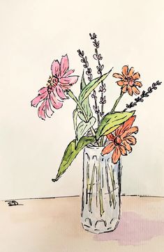 a drawing of flowers in a vase on a table