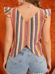 Multicolor Boho Collar Cap Sleeve Polyester Striped Top Embellished Non-Stretch Summer Women Tops, Blouses & Tee Stripes Top, Crochet Summer Dresses, Shein Brasil, Winter Outfits Cold, Summer Blouse, Casual Cap, Casual Tops For Women, Fashion Design Clothes, Casual Blouse