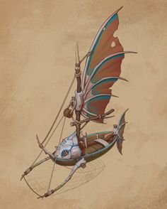 a drawing of a dragon on top of a boat in the air with its wings spread out