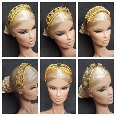 six pictures of different styles of hair with pearls and beads on top of each head