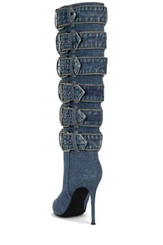 Knee-high denim stiletto boot with buckles Fits true to size Measurements taken from a size 7 4" Heel, 0.25" Platform 15" Shaft, 14" Leg Opening Fabric Upper, Leather / Fabric Lining, Synthetic Sole Buckles & Zipper closure Denim Knee High Boots, Denim Boots, Denim Shoes, Long Boots, Thigh High Boots, Leather Fabric, Beautiful Shoes, Nice Shoes, Knee High Boots