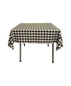 a black and white checkered tablecloth on a metal frame base with two legs