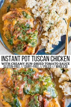 instant pot tuscann chicken with creamy broccoli and white rice is an easy weeknight meal