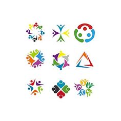 various colorful logos with people holding hands and symbols in the shape of letters on white background