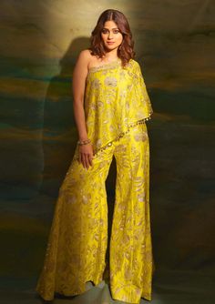 Gopi Vaid | Yellow One Shoulder Top And Pants | INDIASPOPUP.COM Diwali Edit, Indo Western Outfits For Women, Drape Lehenga, Tailored Outfits, Indian Outfits Modern, Gopi Vaid, Choli Design, Insta Model, Haldi Outfits