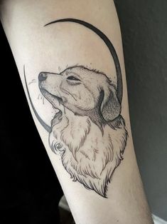 a black and white drawing of a dog with a crescent tattoo on the right arm