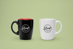 two coffee mugs sitting side by side on a green and white background, one with an evil face