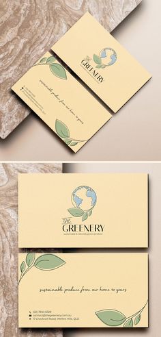 two business cards with green leaf designs on them, one is yellow and the other is white