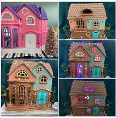 there are four different pictures of a doll house with lights on the front and side