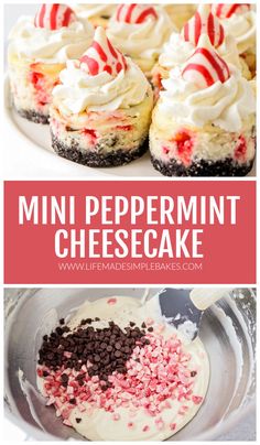 mini peppermint cheesecake with white frosting and sprinkles on top