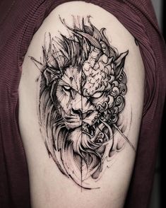 a woman's shoulder with a lion tattoo design on the left side of her arm