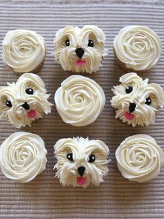 cupcakes with white frosting shaped like dogs and roses on a table top