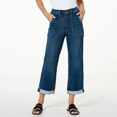 DG2 by Diane Gilman Virtual Stretch Denim Pull-On Utility Crop Jean   Go wide! Semi-fitted at the waist, hips and thighs before they flare out in a more relaxed bootcut shape, these cropped utility-style jeans make a slimming choice when you tuck in a bodysuit, tee or tank. Utility Style, Style Jeans, Best Jeans, Draped Fabric, Cropped Jeans, Denim Fashion, Jeans Style, Jeans Fit, Chambray