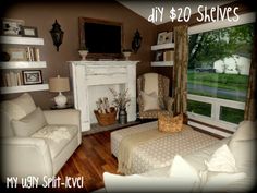 a living room filled with furniture and a fire place in front of a tv mounted on a wall