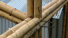 a bamboo structure with nails stuck to it's sides and some metal roofing