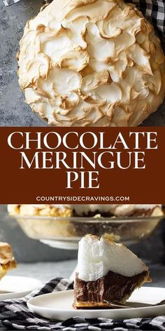 chocolate meringue pie on a plate with the title overlay reading, chocolate meringue pie