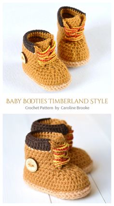 crochet baby booties with buttons on the front and back, made to look like boots