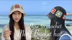 two women standing next to each other near the ocean with text overlay that reads how to crochet mati bucket hat