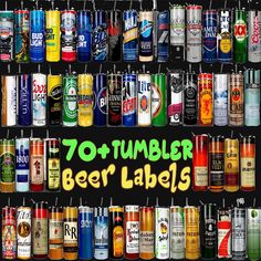 a bunch of different types of beer bottles on a shelf with the words 70 + tumbler beer labels