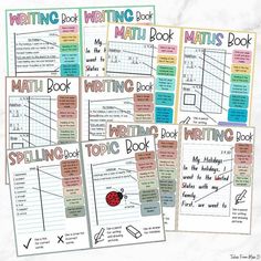 four books with writing activities on them