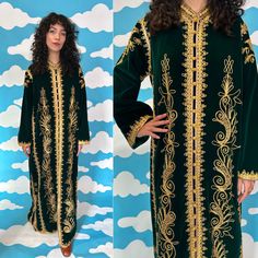 Stunning Turkish Ottoman velvet Kaftan/Robe in the most beautiful shade of jewel tone green with bright gold embroidery throughout. Garment is fully lined and in great vintage condition with some slight fraying on a couple buttons (see pictures). All measurements are taken laying flat and doubled where appropriate:  Bust - 40" Waist - 43" Hip -44" Shoulder to Cuff - 22" Pit to Cuff -17.5 Length (shoulder to hem) - 54.5" All items are carefully inspected and measured so please be sure to read des Green Velvet Traditional Wear With Traditional Drape, Green Traditional Wear With Gold Embroidery, Traditional Green Wear With Gold Embroidery, Festive Green Traditional Wear With Gold Embroidery, Green Long Kaftan With Dabka Work, Green Velvet Traditional Wear For Festivals, Green Kaftan For Wedding And Festivals, Green Traditional Wear With Gold Embroidery For Eid, Ceremonial Green Traditional Wear With Dabka Work