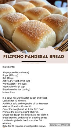 a recipe for filipino panesel bread on a tray with instructions to make it