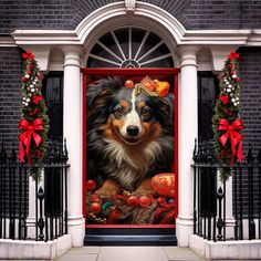 a dog is standing in front of a red door with decorations on it and wearing a crown