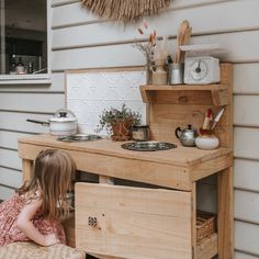 Tiny Land Play Kitchen, Farmhouse Play Kitchen Makeover, Hipster Kitchen, Wood Play Kitchen, Kids Shed, Kids Wooden Kitchen, Country Getaway, Wooden Play Kitchen Kidkraft, Small Playroom