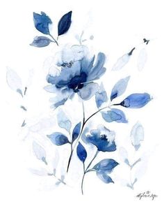 watercolor painting of blue flowers and leaves