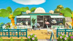 an animated image of a restaurant with flamingos in the front and palm trees behind it