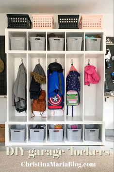 a white shelf filled with lots of bags and backpacks next to other storage bins