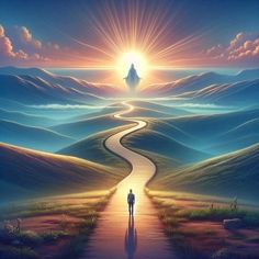 a painting of a person walking down a road towards the sun