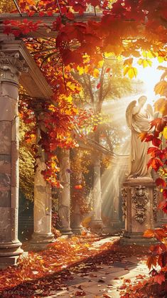 an angel statue sitting on top of a bench surrounded by autumn leaves and sunbeams