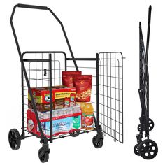 a shopping cart with wheels and food in it