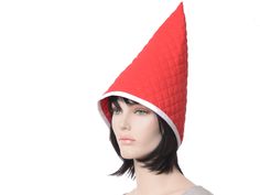 Cottagecore oversized gnome hat made from quilted cotton.  The fabric has a layer of batting to hold the shape.  Tall and pointed.  Fabric is a red with white trim. One size fits most 22-24 inch heads, the hat is a little oversized so not to fit too snuggly around the forehead. Large selection of gnome, wizard and witch hats can be found here. https://www.etsy.com/shop/MountainGoth?ref=seller-platform-mcnav&section_id=12408667 Gnome Wizard, Christmas Elf Hat, Cottagecore Christmas, Jester Hat, Gnome Hat, Witch Hats, Holiday Hats, Elf Hat, Gold Bag