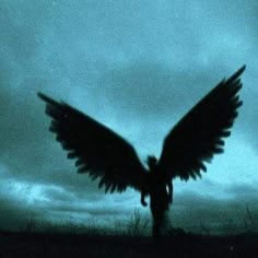 the silhouette of a person with wings outstretched in front of a dark blue cloudy sky