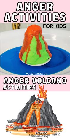 Anger Volcano Worksheet, Story, and Activity. Help your kids understand their angry feelings and manage their “anger explosions” with this fun anger management tool.  Anger is a normal emotion that everyone experiences, but our kids need to learn healthy anger management skills to deal with this emotional state. 
The Volcano activity is a great tool to help children learn about anger, recognize anger triggers and understand the role of suppressed or hidden emotions resulting in uncontrolled anger. Feelings & Emotions. Social emotional learning resources. Anger management activities for kids. Fun crafts to learn about emotions. Free anger worksheets Anger Volcano, Angry Feelings, Volcano Worksheet, Anger Coping Skills, Healthy Anger, Anger Worksheets, Volcano Activities