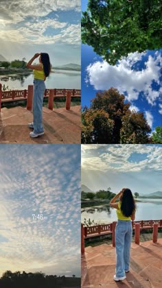 three pictures of a woman looking at the sky with clouds and trees in the background