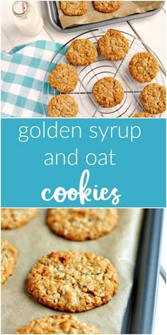 golden syrup and oat cookies on a baking sheet with text overlay that says golden syrup and oat cookies