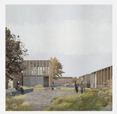 an artist's rendering of people sitting on benches in the grass near a building