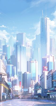 an anime cityscape with skyscrapers in the background