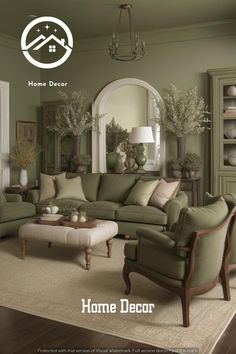 a living room with green walls and furniture