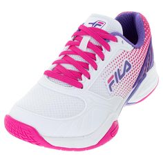 a women's tennis shoe with pink laces on the upper part of the shoe