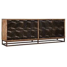 an art deco sideboard with metal and wood panels on the front, in black and brown