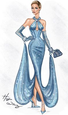 a drawing of a woman in a blue dress with gloves and heels on her feet