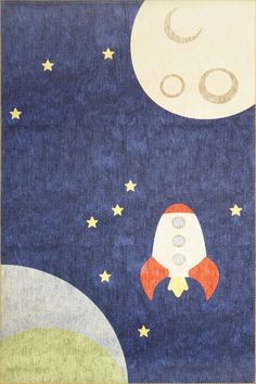 an image of a rug with a rocket ship in the sky and stars on it