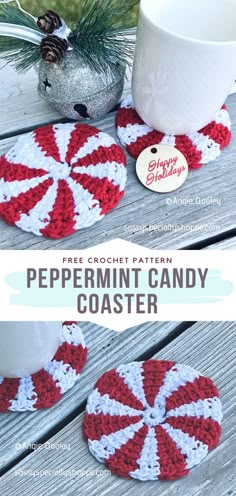 a crocheted peppermint candy coaster on a picnic table with a mug