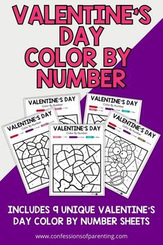 valentine's day color by number printables for kids and adults to color