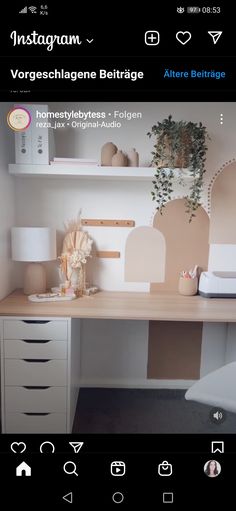 an instagram page with a desk and shelves